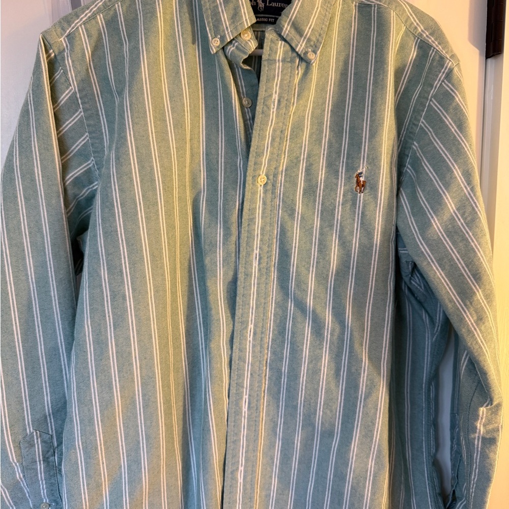 Ralph Lauren Men's Green and White Striped Shirt
